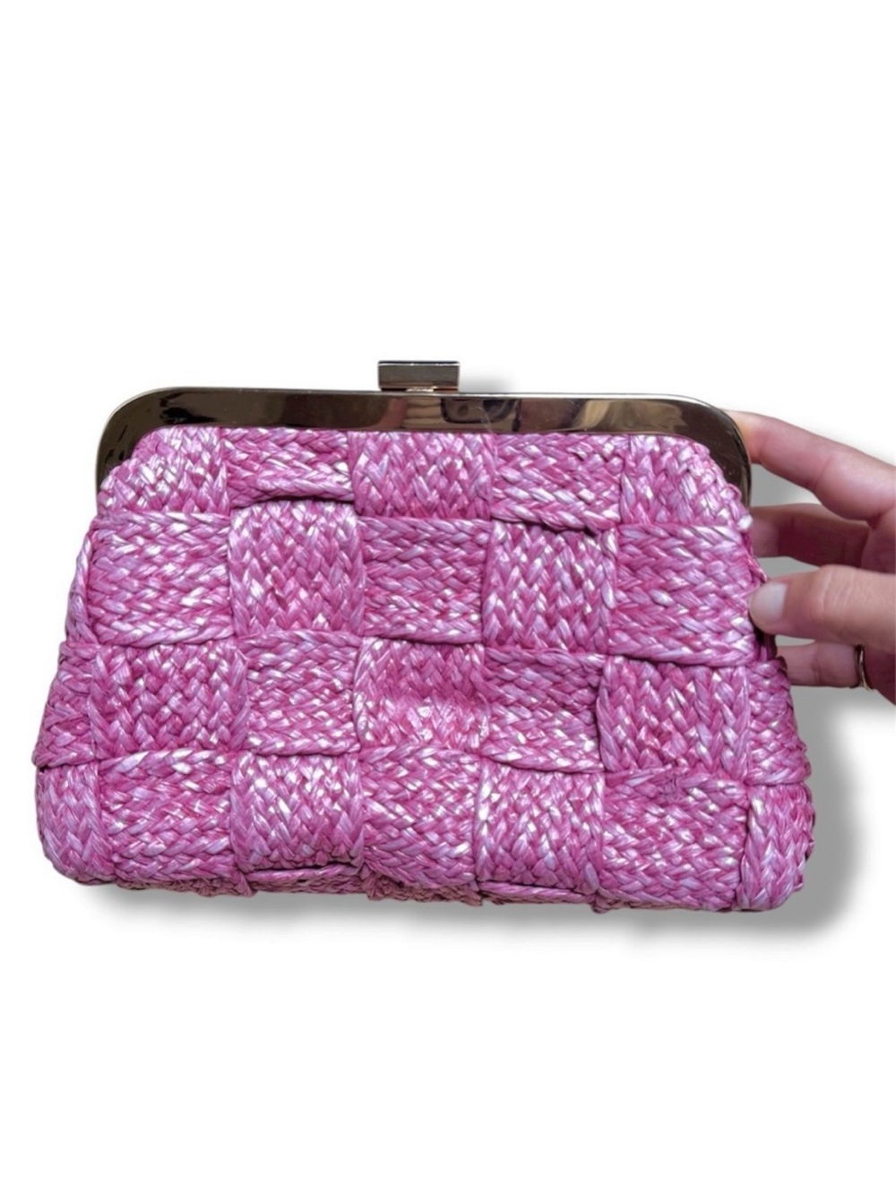 Ann Taylor Pink Woven Clutch with Gold Accents Raffia weaved